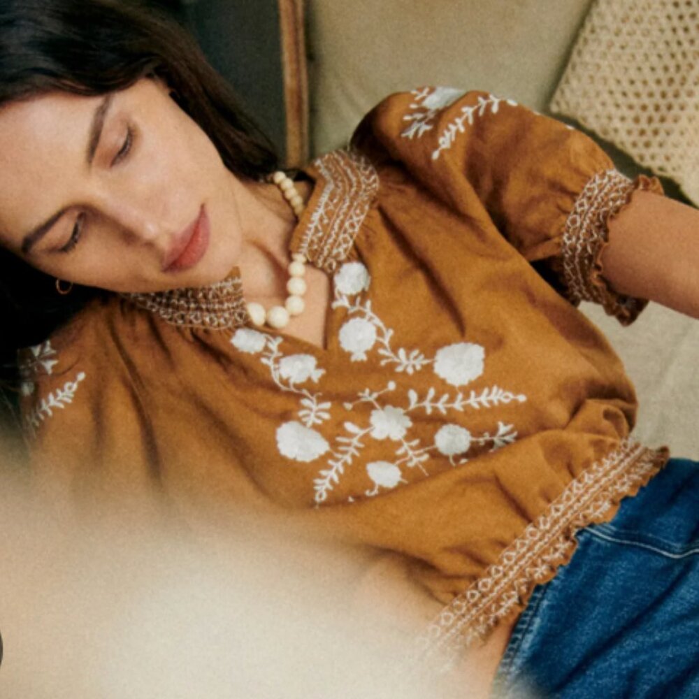 Sezane | Marru Embroidered Blouse Camel/Ecru - 6/38 - Picture 3 of 8